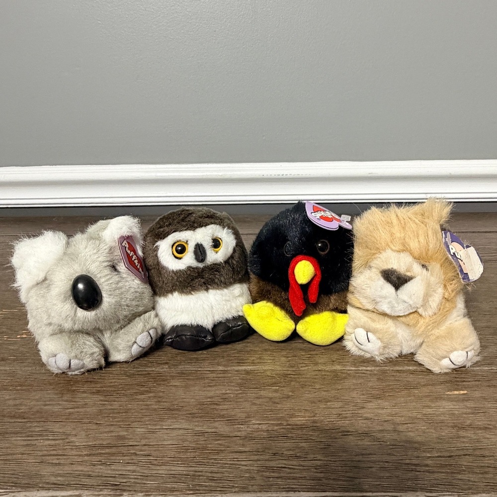 Swibco Puffkins Plush Lot of 4 Koala Owl Turkey Lion Vintage 90s Bean Bag Toys